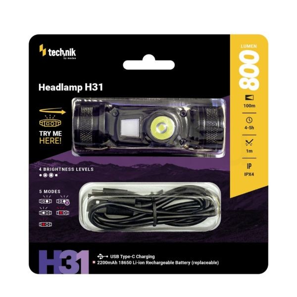 Technik Fejlámpa H31 (+1x18650) OSRAM P9 + red light + USB-C (800 lumen)