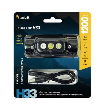Technik Fejlámpa H33 (+1x18650) SST20 LED + USB-C (1200 lumen)